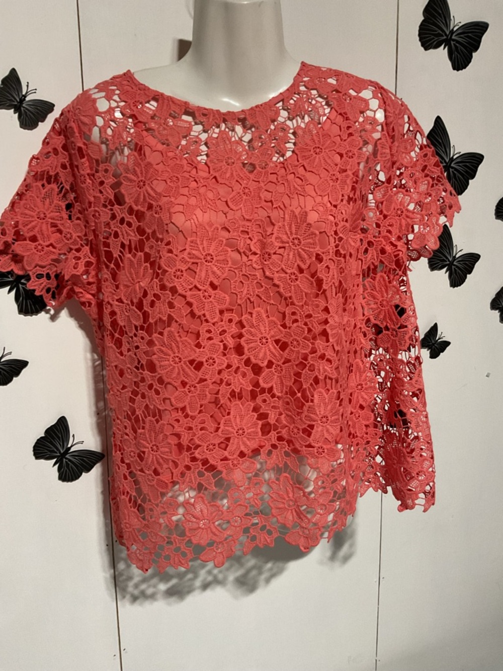 Liz Claiborne Coral Lace Floral Crochet Short-Sleeve Top